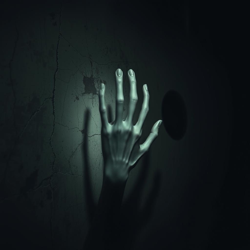 A chilling scene featuring a ghostly hand pressed against the wall of a dark, terrifying room