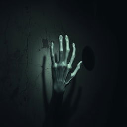 A chilling scene featuring a ghostly hand pressed against the wall of a dark, terrifying room