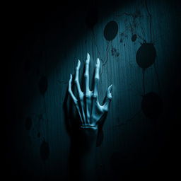 A chilling scene featuring a ghostly hand pressed against the wall of a dark, terrifying room