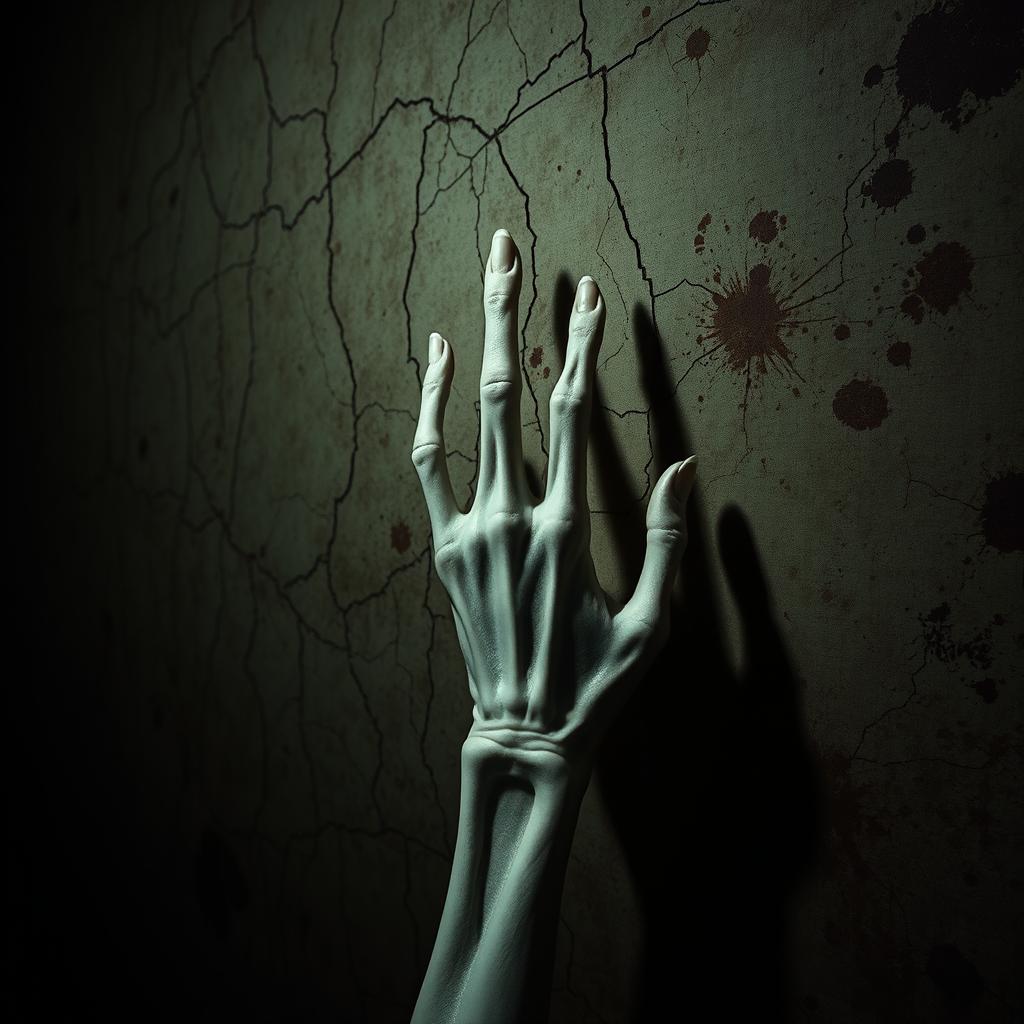 A chilling scene featuring a ghostly hand pressed against the wall of a dark, terrifying room