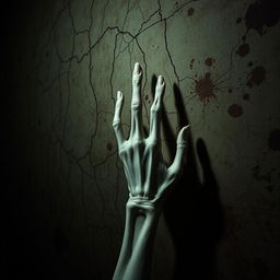 A chilling scene featuring a ghostly hand pressed against the wall of a dark, terrifying room