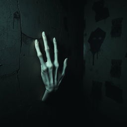 A chilling scene featuring a ghostly hand pressed against the wall of a dark, terrifying room