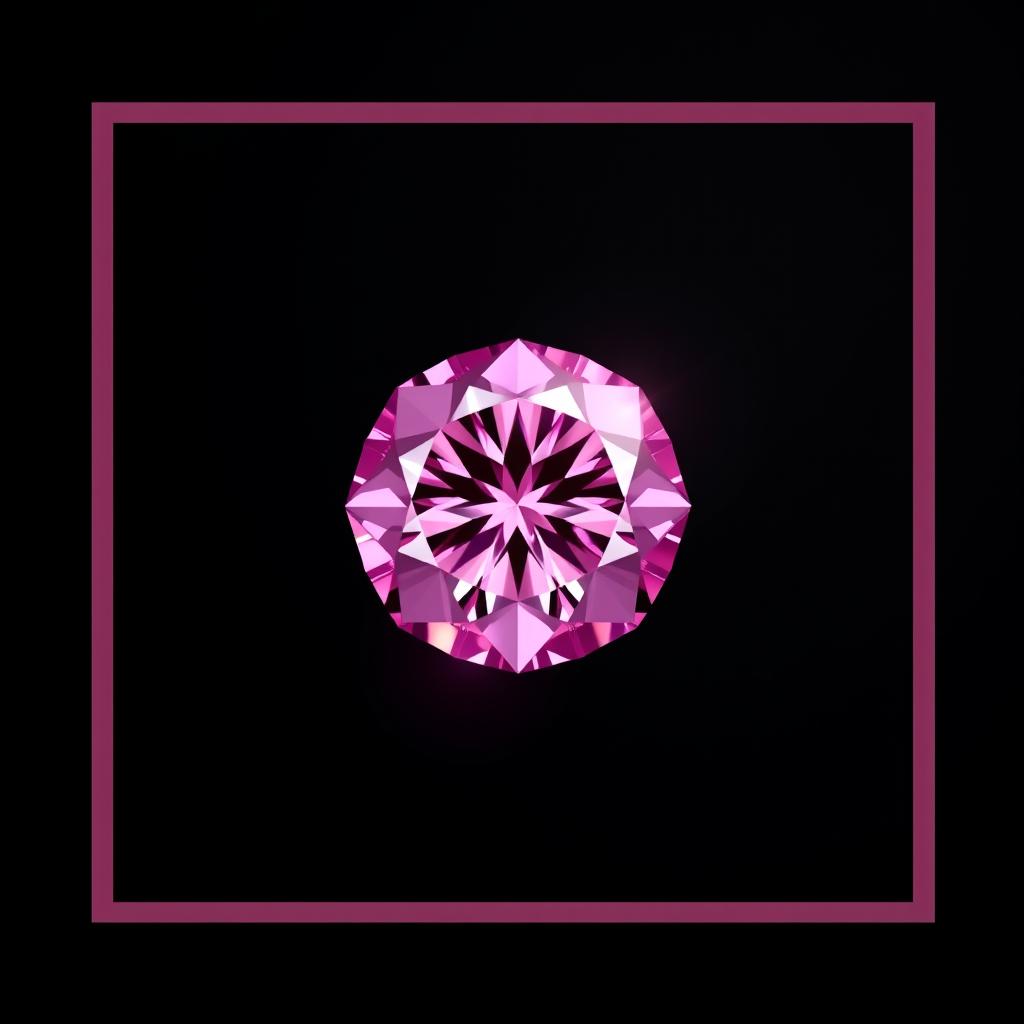 A stunning image of a brilliant pink diamond, elegantly centered on a smooth black background with a soft pink border framing the composition