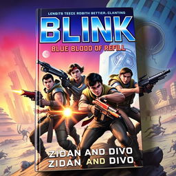 A captivating book cover featuring four male adventurers in an epic battle against aliens on a hostile planet