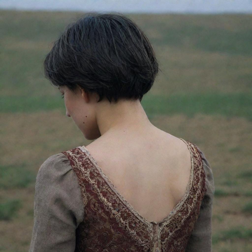 A touching scene captured from behind, showing a 16-year-old Armenian girl with short hair, crying. The back view stresses her loneliness, while her traditional outfit hints at the cultural significance of her sorrow.