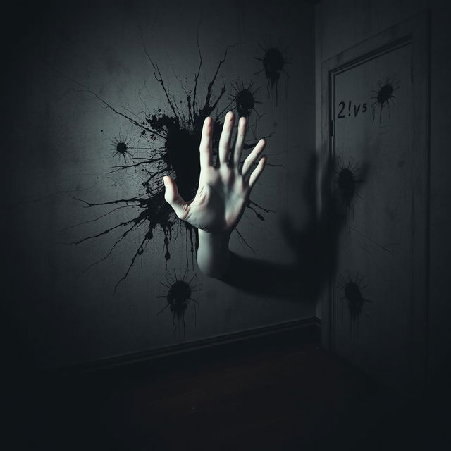 A terrifying scene featuring a ghostly hand emerging from the wall of a dark, creepy room