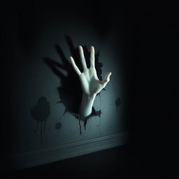 A terrifying scene featuring a ghostly hand emerging from the wall of a dark, creepy room