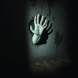 A terrifying scene featuring a ghostly hand emerging from the wall of a dark, creepy room