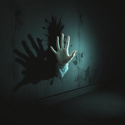 A terrifying scene featuring a ghostly hand emerging from the wall of a dark, creepy room