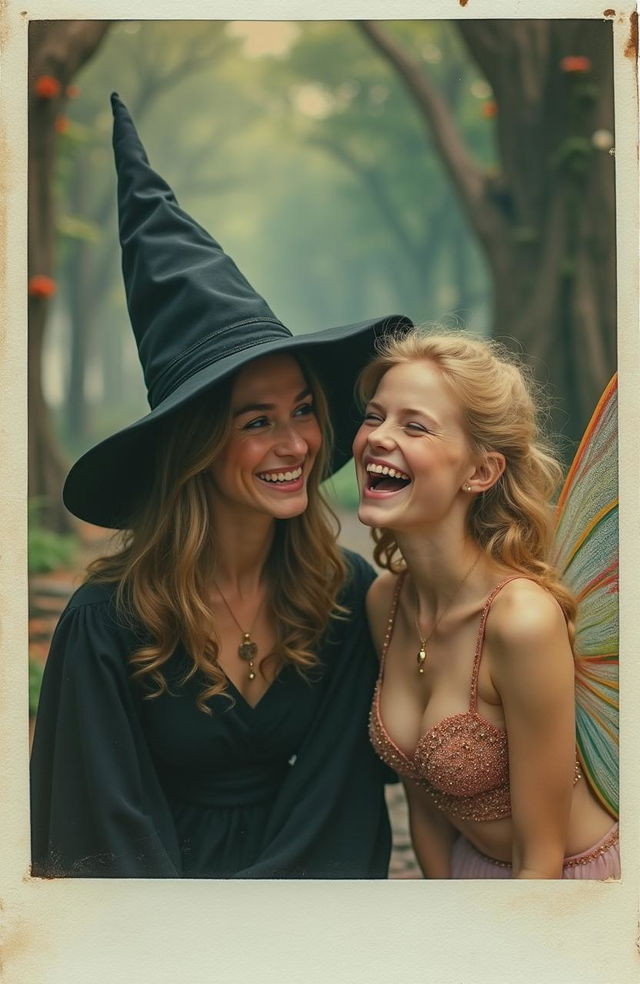 A candid 80s-style Polaroid photo capturing a witch and a fairy sharing a joyous laugh together as they exchange a joke