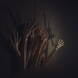 A terrifying scene featuring multiple ghostly hands emerging from the wall of a dark and foreboding room