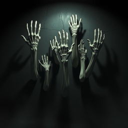 A terrifying scene featuring multiple ghostly hands emerging from the wall of a dark and foreboding room