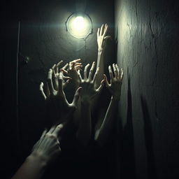 A terrifying scene featuring multiple ghostly hands emerging from the wall of a dark and foreboding room