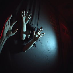 A frightening scene showcasing multiple ghostly hands emerging from the wall of a horror-themed room