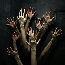 A frightening scene showcasing multiple ghostly hands emerging from the wall of a horror-themed room