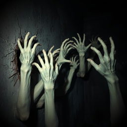 A frightening scene showcasing multiple ghostly hands emerging from the wall of a horror-themed room