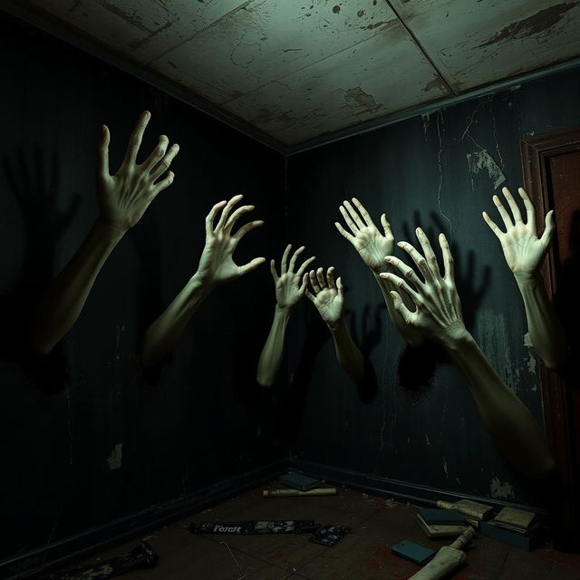 A frightening scene showcasing multiple ghostly hands emerging from the wall of a horror-themed room