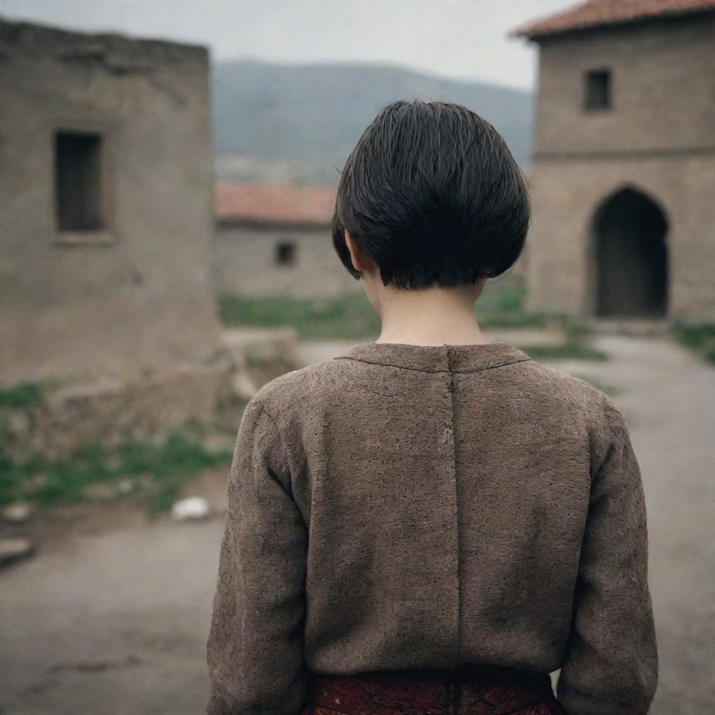 A touching scene captured from behind, showing a 16-year-old Armenian girl with short hair, crying. The back view stresses her loneliness, while her traditional outfit hints at the cultural significance of her sorrow.