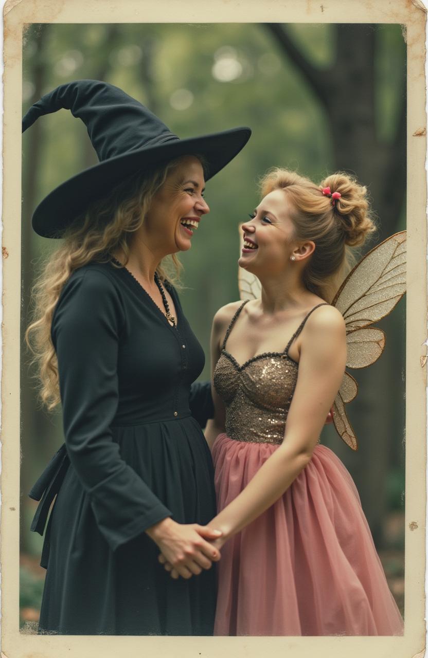 A candid shot of a witch and a fairy sharing a laugh together as they exchange a joke, captured in an old 80s style Polaroid picture