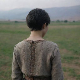 A touching scene captured from behind, showing a 16-year-old Armenian girl with short hair, crying. The back view stresses her loneliness, while her traditional outfit hints at the cultural significance of her sorrow.