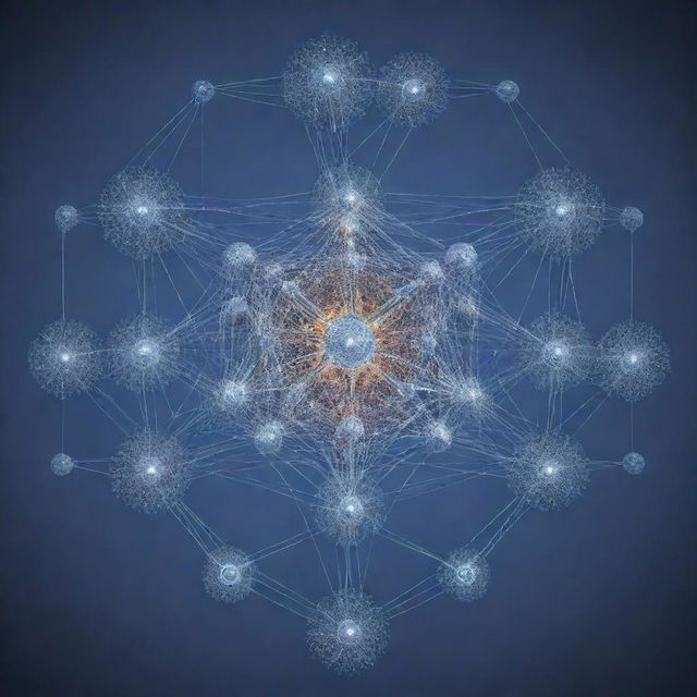 An intricate representation of a complex machine learning model, featuring interconnected nodes, layers and weights that symbolize the data processing and neural networking.