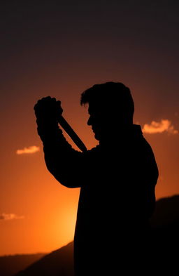 A silhouette of a man holding a knife, posed dramatically against a vibrant sunset background