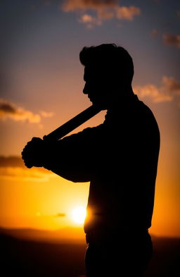 A silhouette of a man holding a knife, posed dramatically against a vibrant sunset background