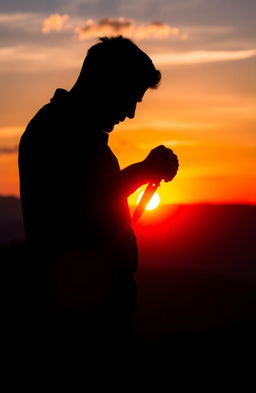 A silhouette of a man holding a knife, posed dramatically against a vibrant sunset background