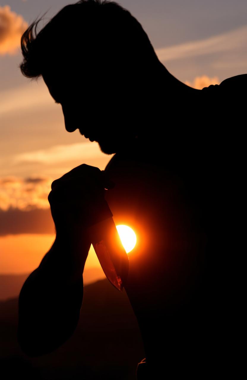 A silhouette of a man holding a knife, posed dramatically against a vibrant sunset background