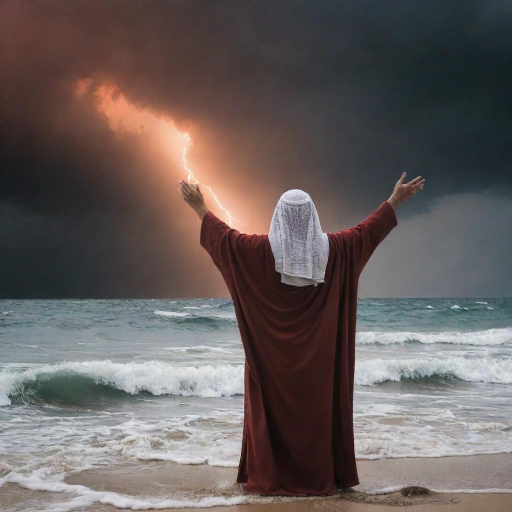 In the looming specter of Pharaoh's approaching army, Prophet Moses (Nabi Musa) raises his arms fervently in prayer to Allah, framed against the Red Sea and a dramatic, stormy sky; a beacon of faith amidst impending danger.