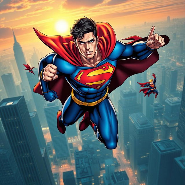 A dynamic superhero in action, flying through a bustling city skyline