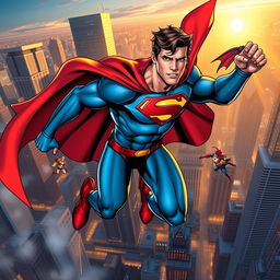 A dynamic superhero in action, flying through a bustling city skyline