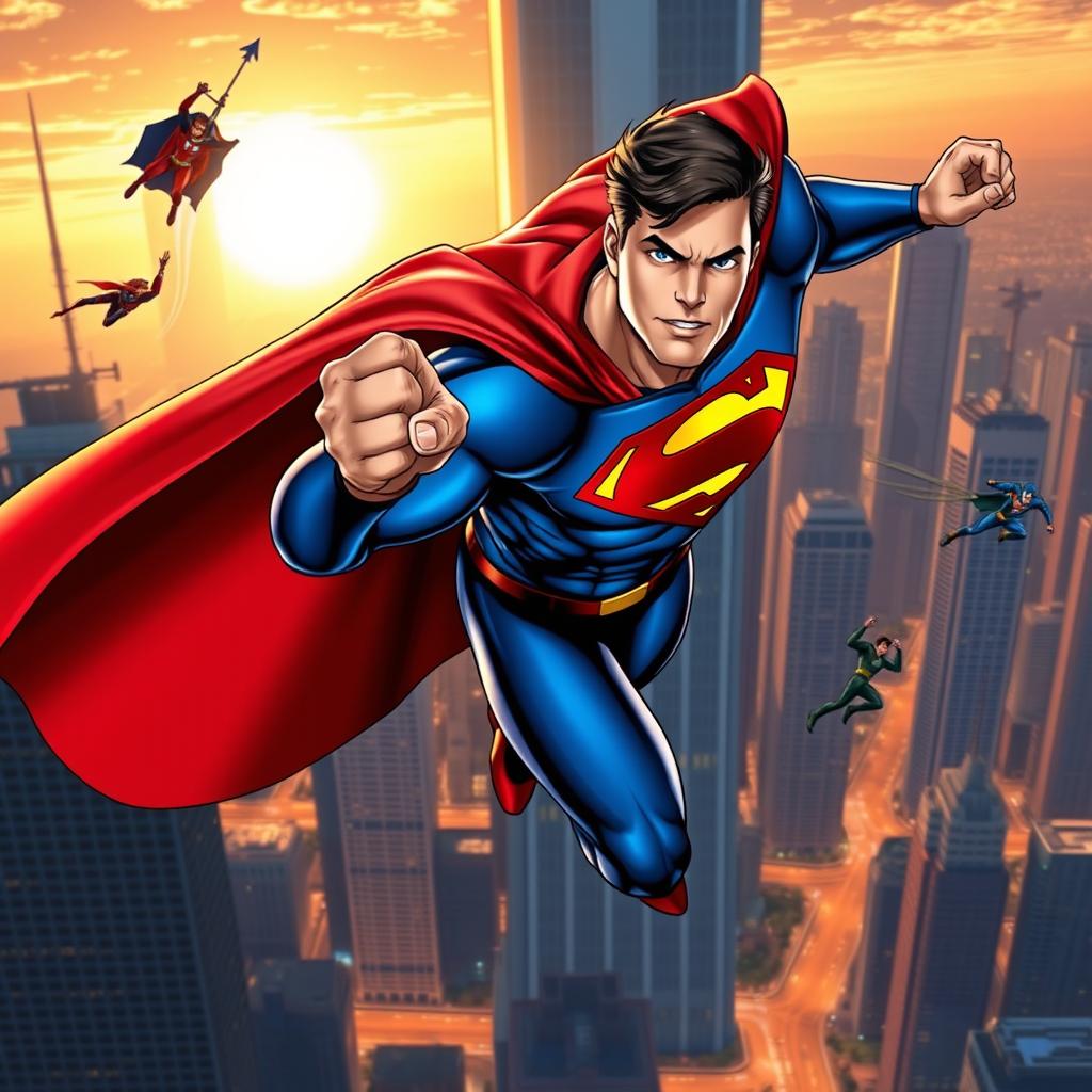 A dynamic superhero in action, flying through a bustling city skyline