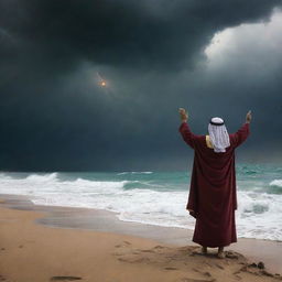 In the looming specter of Pharaoh's approaching army, Prophet Moses (Nabi Musa) raises his arms fervently in prayer to Allah, framed against the Red Sea and a dramatic, stormy sky; a beacon of faith amidst impending danger.