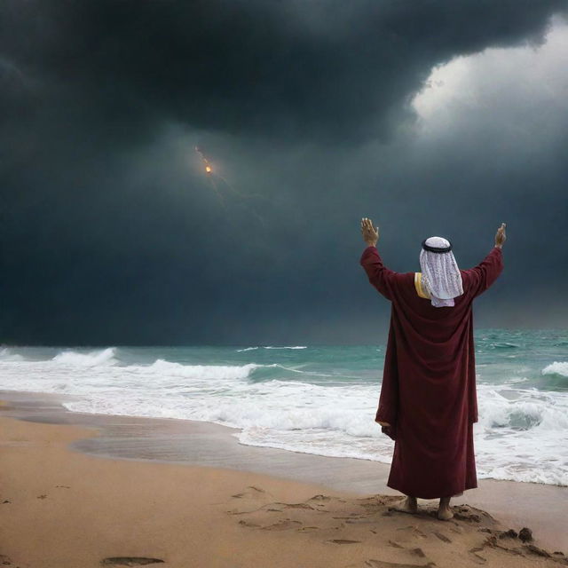 In the looming specter of Pharaoh's approaching army, Prophet Moses (Nabi Musa) raises his arms fervently in prayer to Allah, framed against the Red Sea and a dramatic, stormy sky; a beacon of faith amidst impending danger.