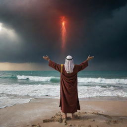 In the looming specter of Pharaoh's approaching army, Prophet Moses (Nabi Musa) raises his arms fervently in prayer to Allah, framed against the Red Sea and a dramatic, stormy sky; a beacon of faith amidst impending danger.