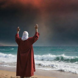 In the looming specter of Pharaoh's approaching army, Prophet Moses (Nabi Musa) raises his arms fervently in prayer to Allah, framed against the Red Sea and a dramatic, stormy sky; a beacon of faith amidst impending danger.