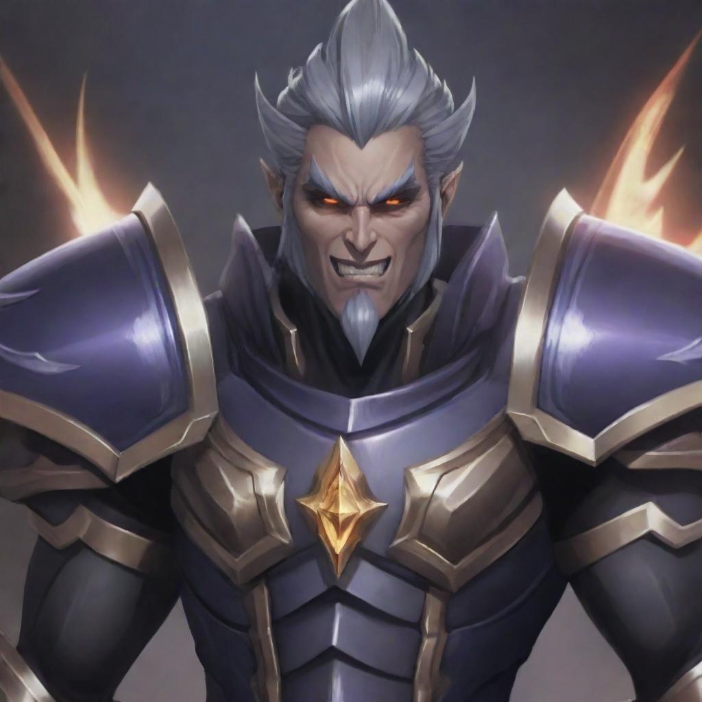 An illustration of Dyrroth from Mobile Legends, depicted as an evil version of his typical character. His armor should exhibit darker tones and his expression should be menacing.