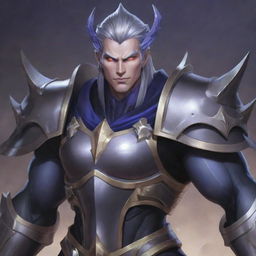 An illustration of Dyrroth from Mobile Legends, depicted as an evil version of his typical character. His armor should exhibit darker tones and his expression should be menacing.