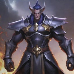 An illustration of Dyrroth from Mobile Legends, depicted as an evil version of his typical character. His armor should exhibit darker tones and his expression should be menacing.