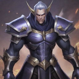 An illustration of Dyrroth from Mobile Legends, depicted as an evil version of his typical character. His armor should exhibit darker tones and his expression should be menacing.