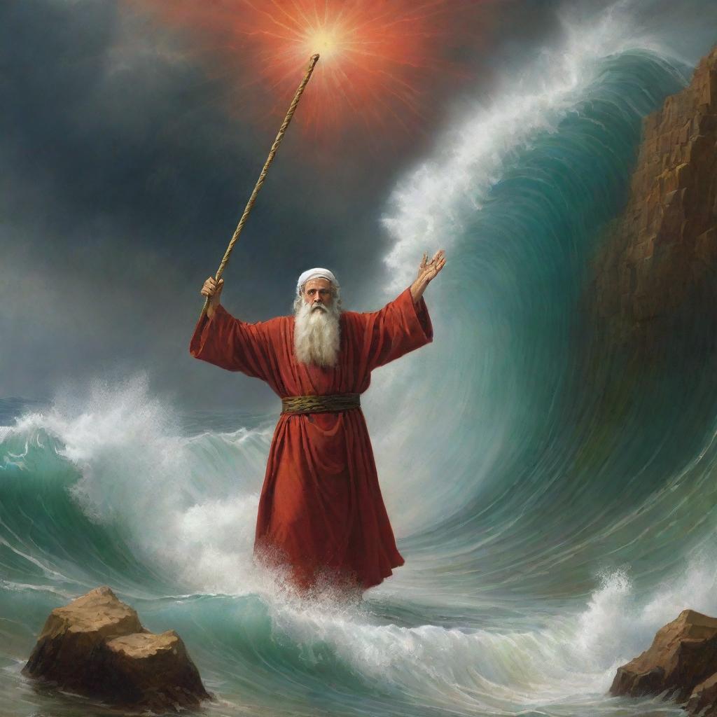 Prophet Moses (Nabi Musa) striking the Red Sea with his staff, with the sea miraculously parting into two immense walls of water, unveiling a dry path for the followers, under an ominous, stormy sky.