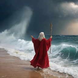 Prophet Moses (Nabi Musa) striking the Red Sea with his staff, with the sea miraculously parting into two immense walls of water, unveiling a dry path for the followers, under an ominous, stormy sky.