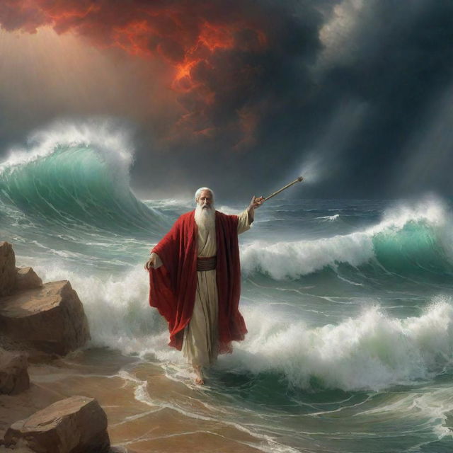 Prophet Moses (Nabi Musa) striking the Red Sea with his staff, with the sea miraculously parting into two immense walls of water, unveiling a dry path for the followers, under an ominous, stormy sky.