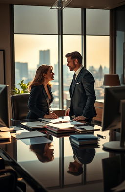 A romantic scene set in a stylish modern office, depicting a charming female secretary in a sleek business outfit, flirtatiously interacting with her attractive male boss, who is dressed in a tailored suit