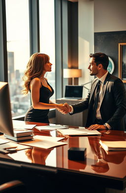 A romantic scene set in a stylish modern office, depicting a charming female secretary in a sleek business outfit, flirtatiously interacting with her attractive male boss, who is dressed in a tailored suit