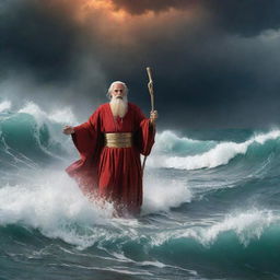 Prophet Moses (Nabi Musa) striking the Red Sea with his staff, with the sea miraculously parting into two immense walls of water, unveiling a dry path for the followers, under an ominous, stormy sky.