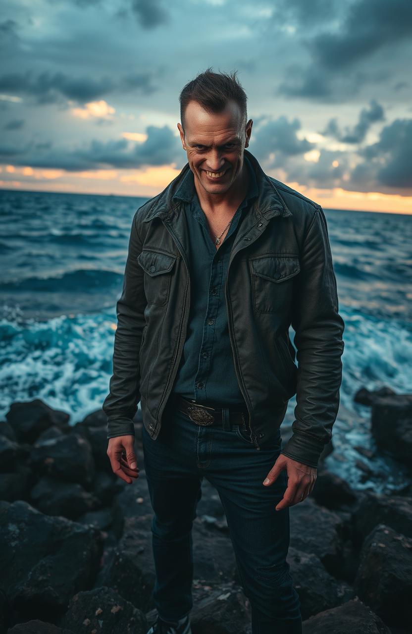 A psychopathic character standing menacingly at the edge of a rocky shoreline, the deep blue sea crashing against the rocks, turbulent waves reflecting a stormy sky