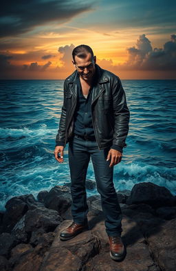 A psychopathic character standing menacingly at the edge of a rocky shoreline, the deep blue sea crashing against the rocks, turbulent waves reflecting a stormy sky