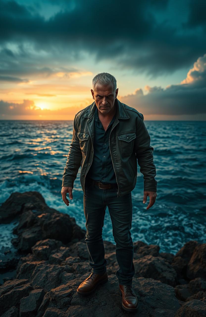 A psychopathic character standing menacingly at the edge of a rocky shoreline, the deep blue sea crashing against the rocks, turbulent waves reflecting a stormy sky